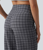 Pantalon large taille haute ventre plat à carreaux en tissu froissé séchage rapide avec poches