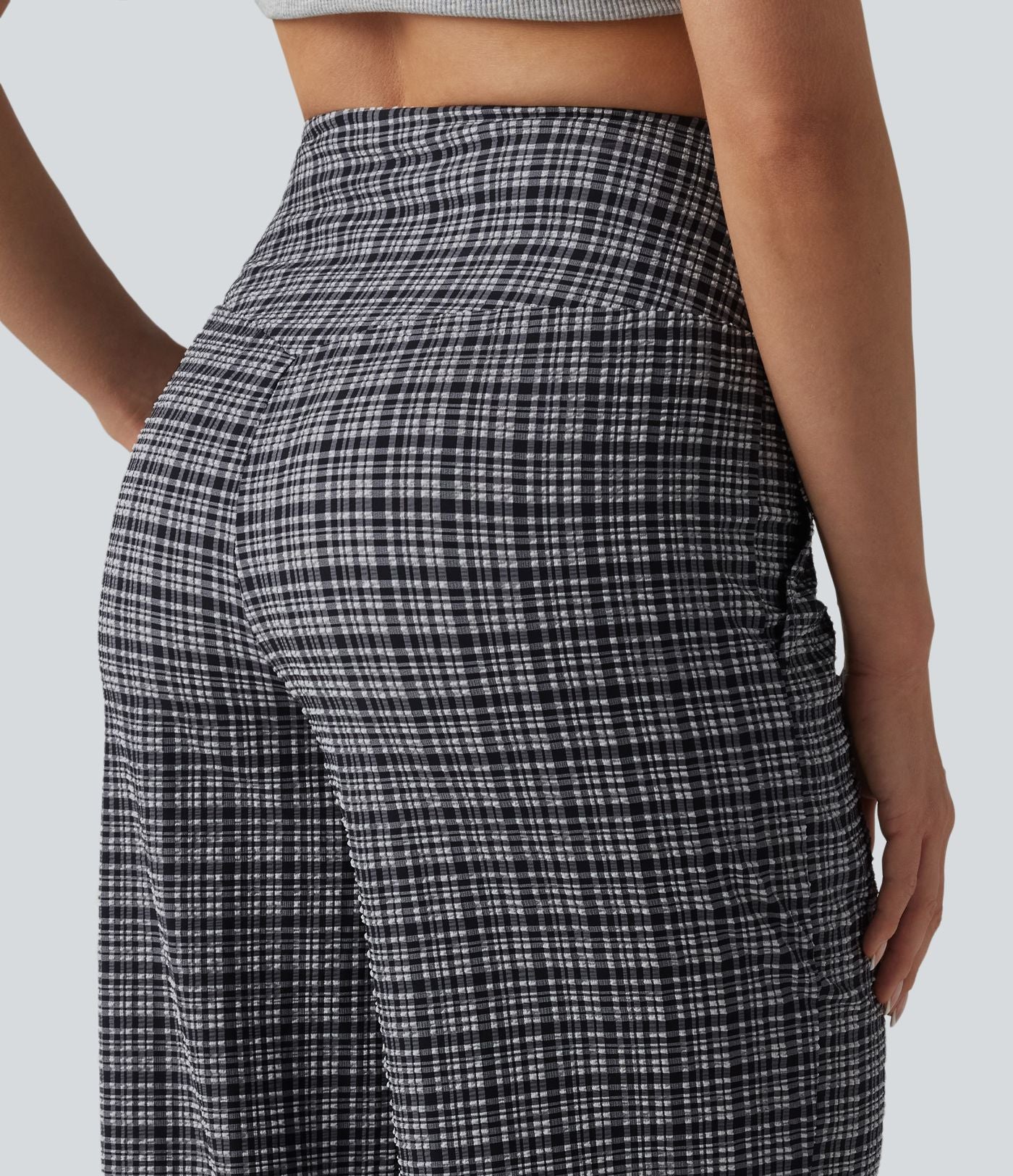Pantalon large taille haute ventre plat à carreaux en tissu froissé séchage rapide avec poches