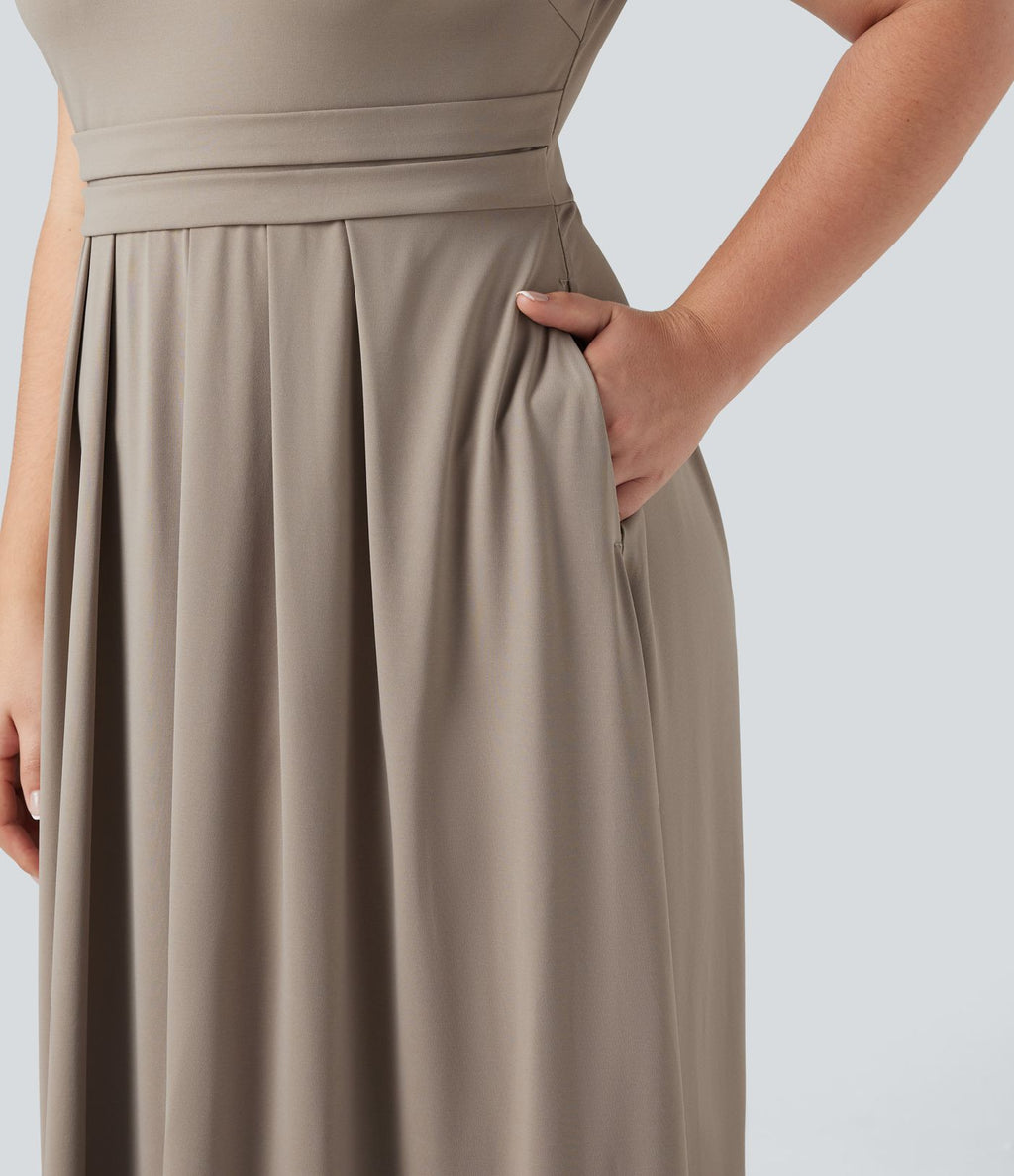 Robe longue évasée décontractée grande taille col officier manches courtes avec poches