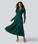 Robe longue fluide maille côtelée col henley manches longues