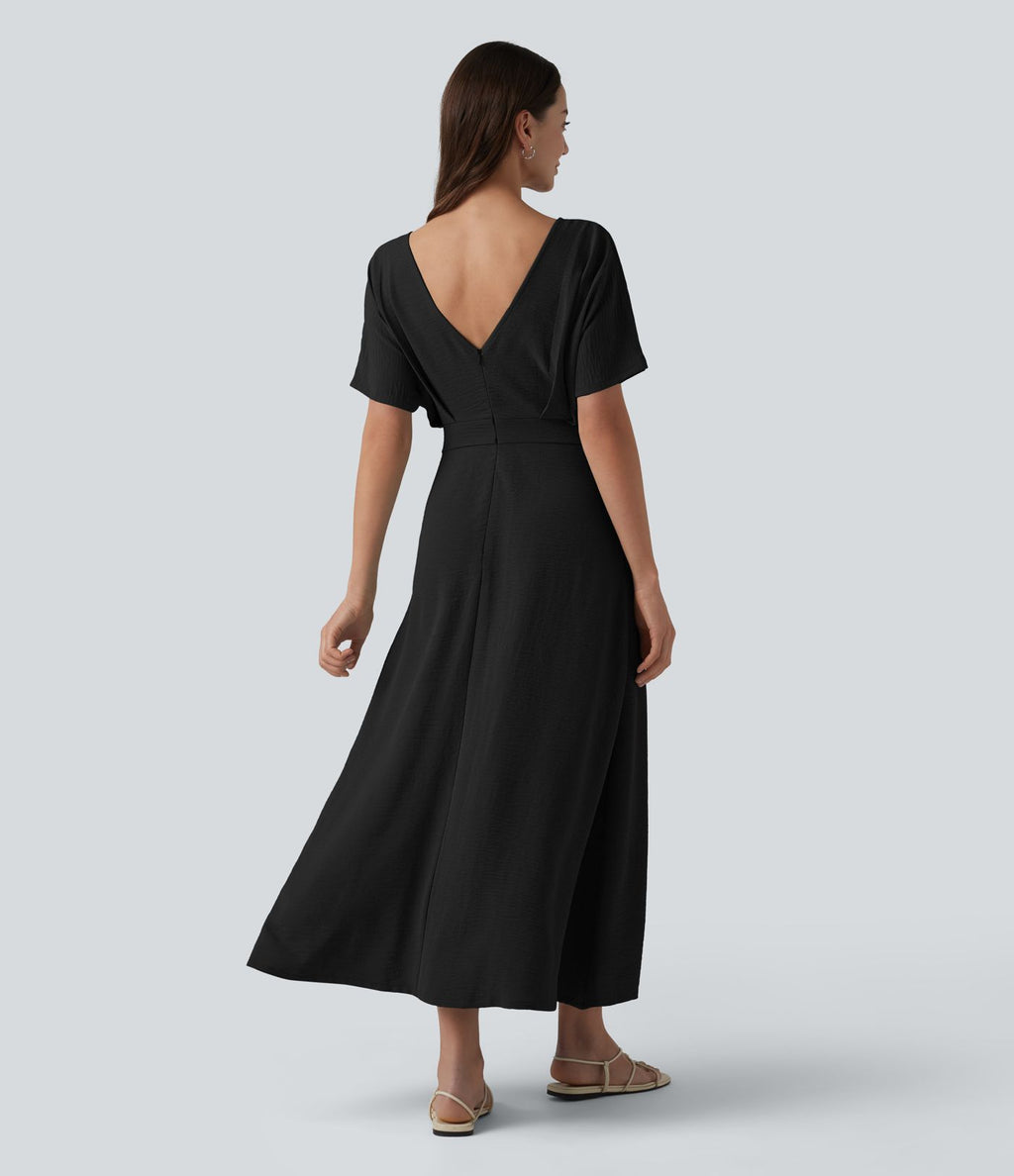Robe midi col V manches courtes aspect lin avec poches