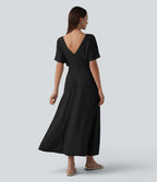 Robe midi col V manches courtes aspect lin avec poches