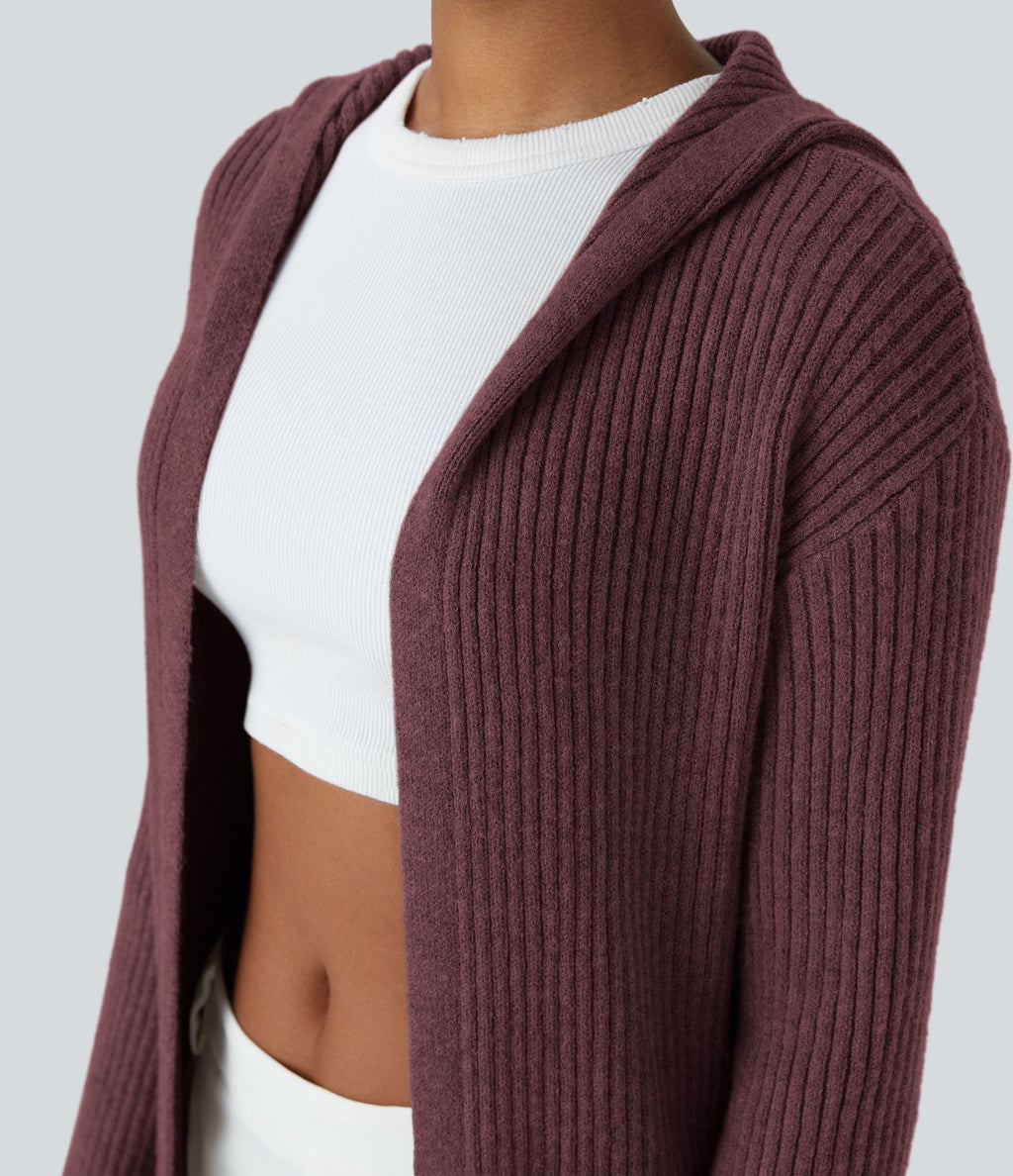 Cardigan long casual à capuche, manches longues et poches