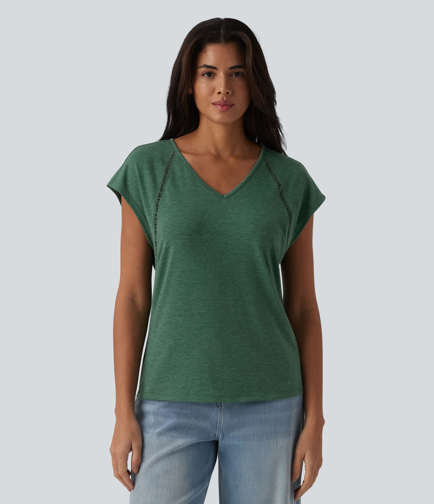 T-shirt casual chiné col V à manches courtes chauve-souris