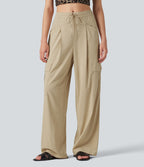 Pantalon cargo décontracté en lin extensible coupe droite taille mi-haute avec cordon de serrage et poches
