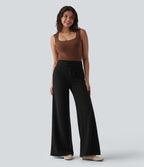 Pantalon casual bootcut gainant taille haute à cordon de serrage en maille côtelée avec poches