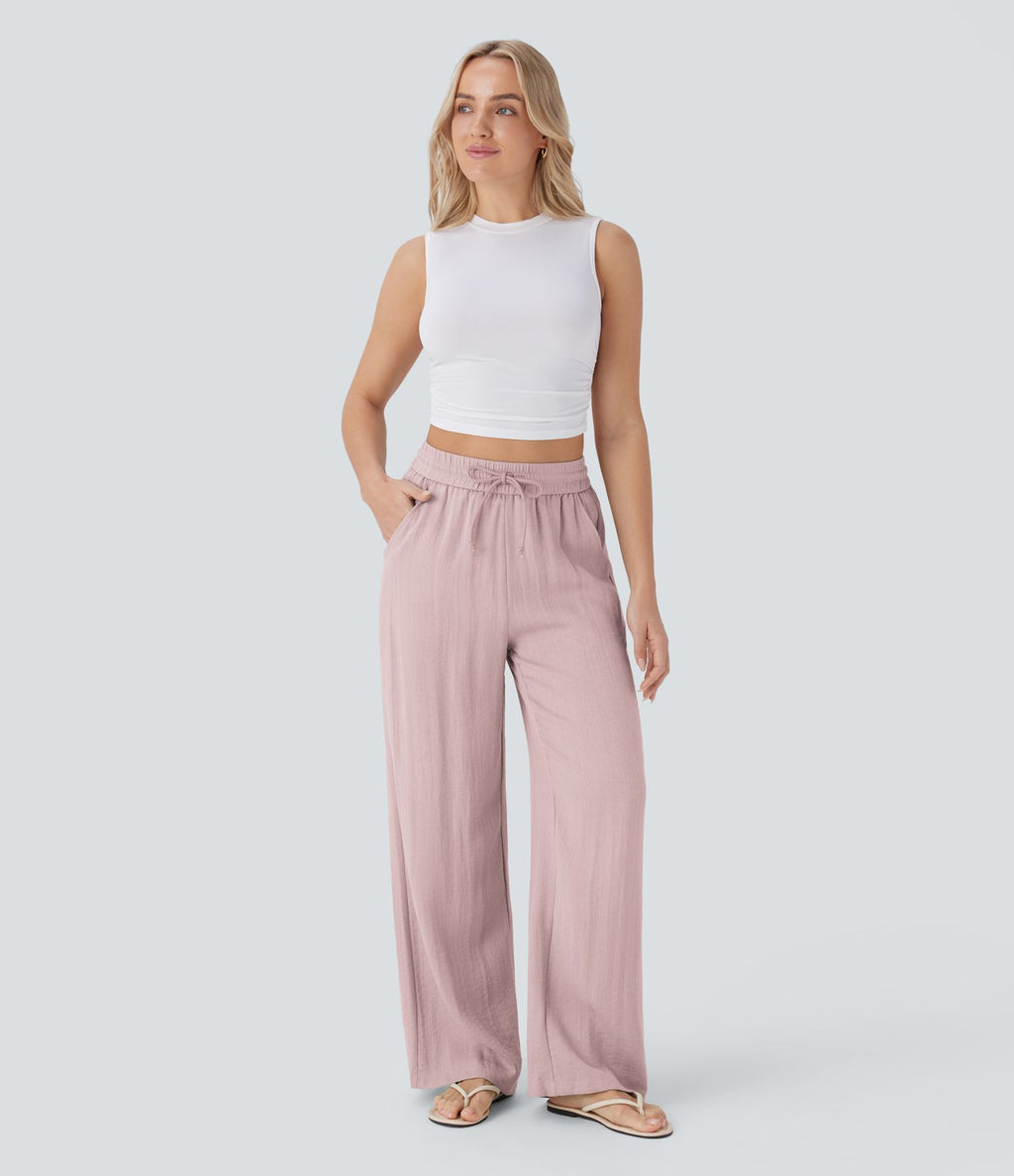 Pantalon large fluide taille haute avec cordon de serrage, poches latérales et aspect lin