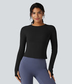 Top de sport yoga polaire col rond manches longues avec trous pouces