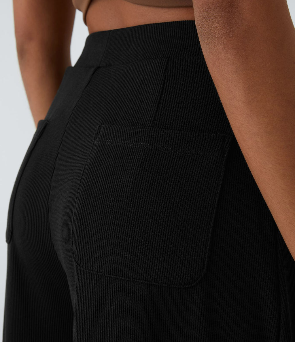 Pantalon décontracté harem uni côtelé, taille haute, avec poches