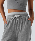 Pantalon de yoga jambes droites taille haute chiné avec double ceinture, cordon de serrage et poches