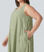 Robe débardeur midi sans manches col rond en vichy froissé grande taille à poches