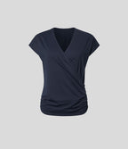Blouse Travail Unie Froncée Croisée Manches Courtes Col en V