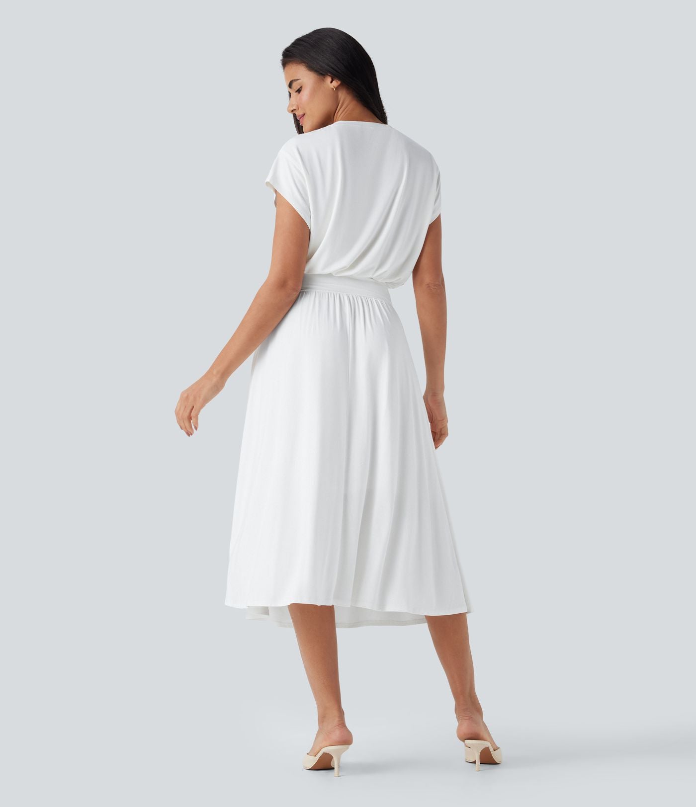 Robe de travail mi-longue fluide gainante à manches chauve-souris avec poches