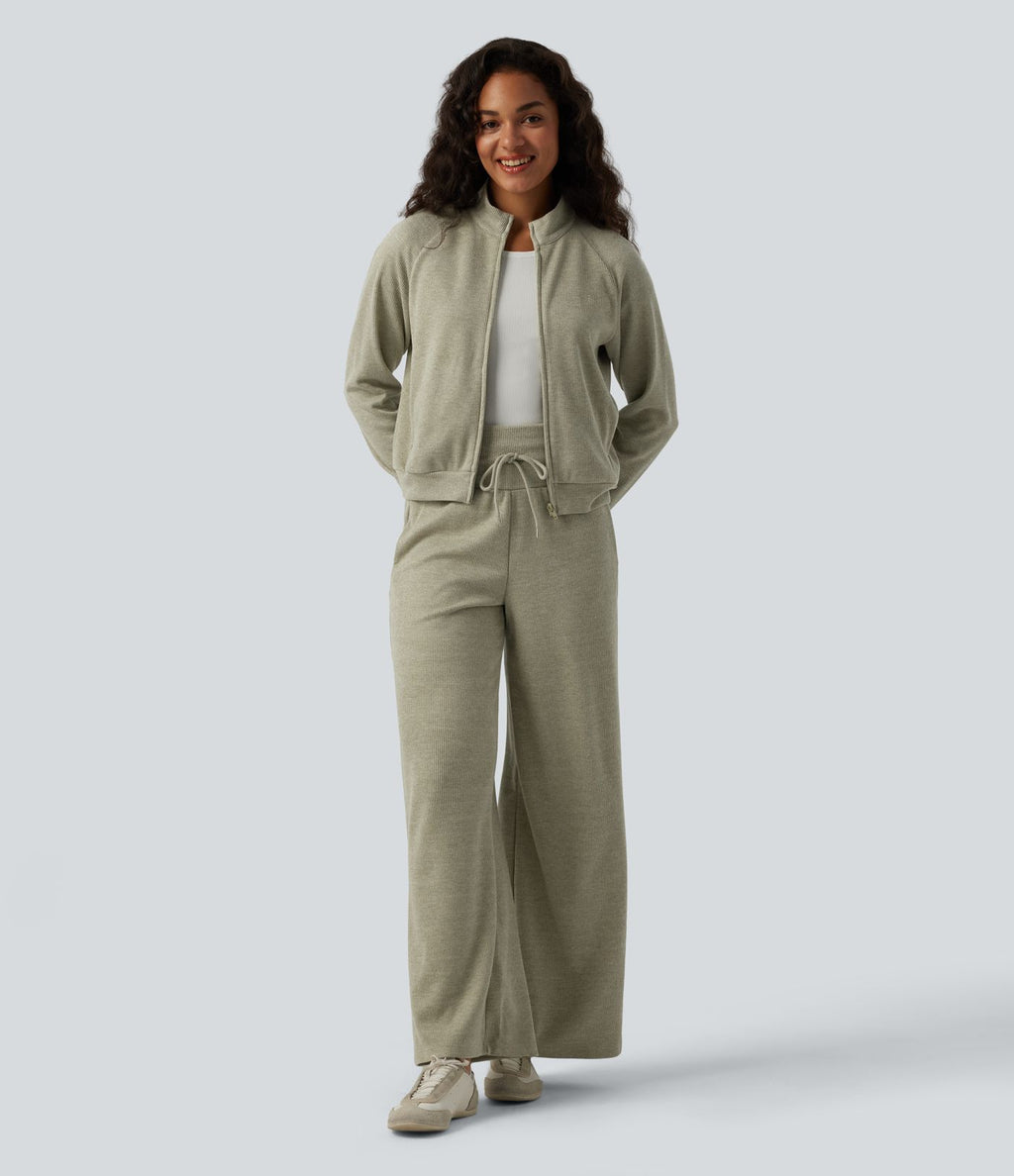 Veste casual côtelée à col montant, manches longues et fermeture zippée avec poches