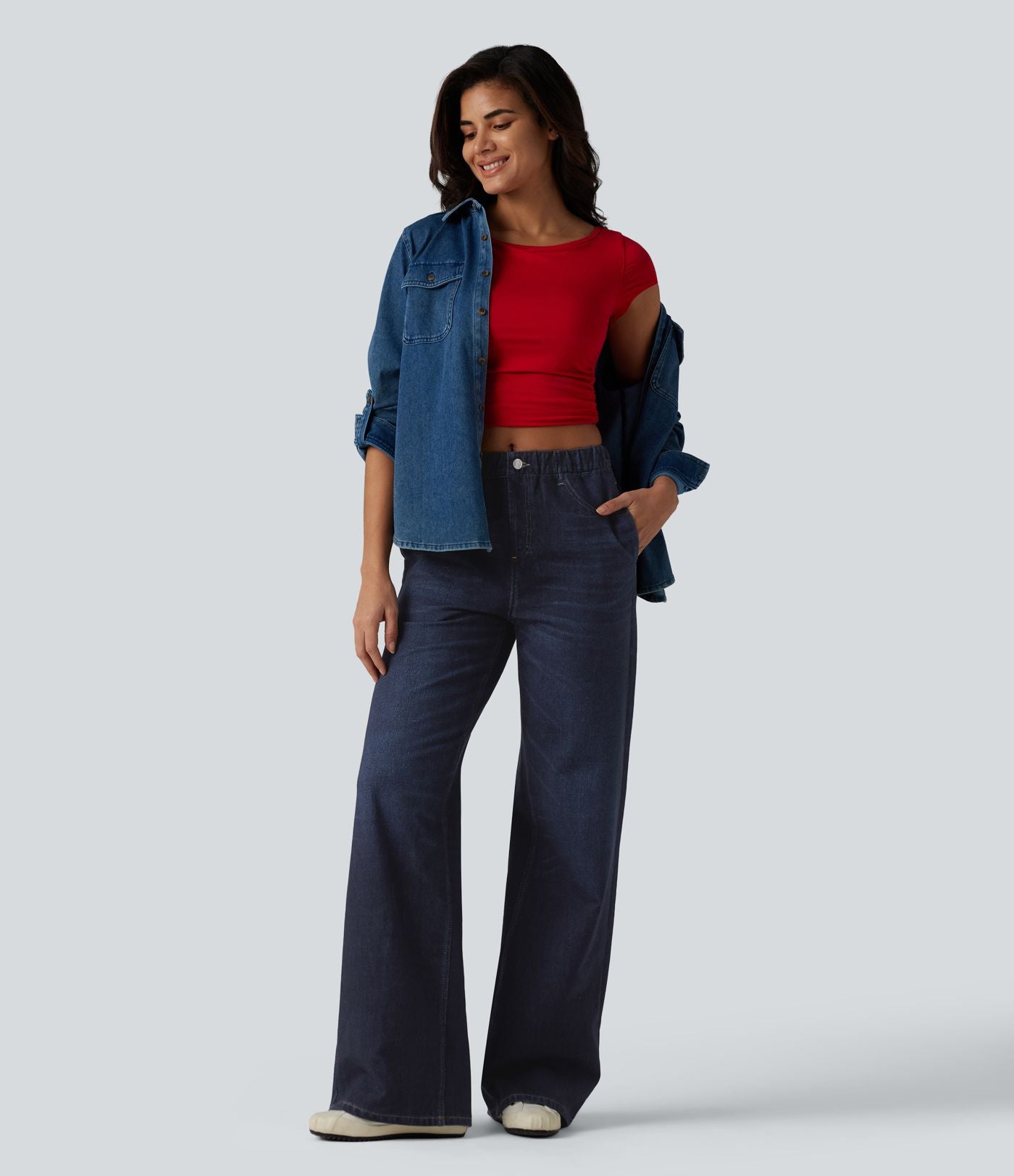 Jogging jean décontracté en molleton French Terry imprimé denim taille mi-haute avec poches