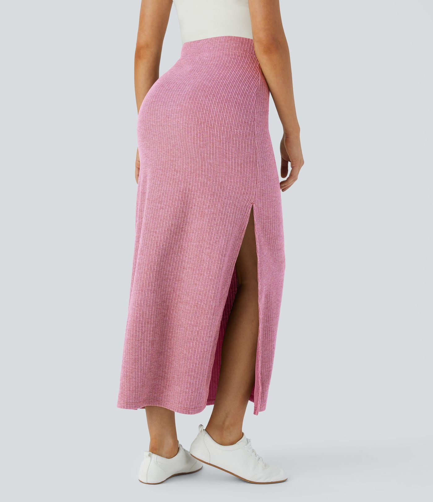Jupe Casual Maxi à Taille Haute et Ourlet Fendu en A-Line en Côtes