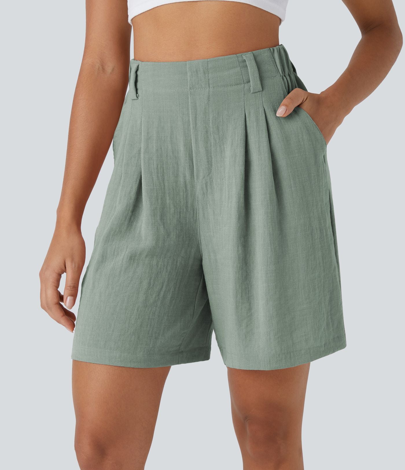 Bermuda Large Fluide Taille Haute avec Plis et Poches Latérales en Lin Synthétique