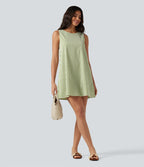 Robe débardeur mini décontractée col rond sans manches en vichy froissé avec poches