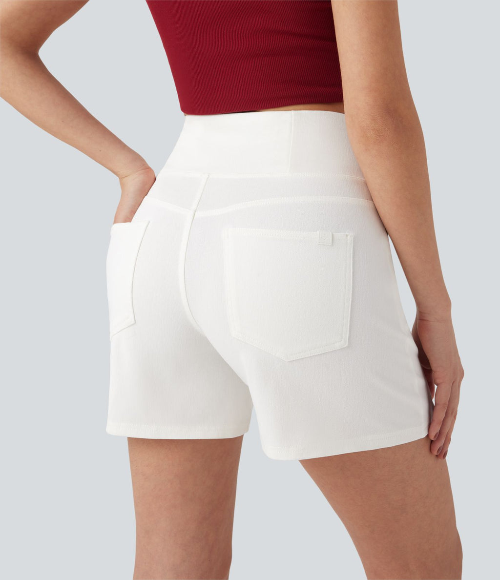 Halara Flex™ Short décontracté évasé à jambe large en denim extensible délavé taille haute croisée avec poches multiples