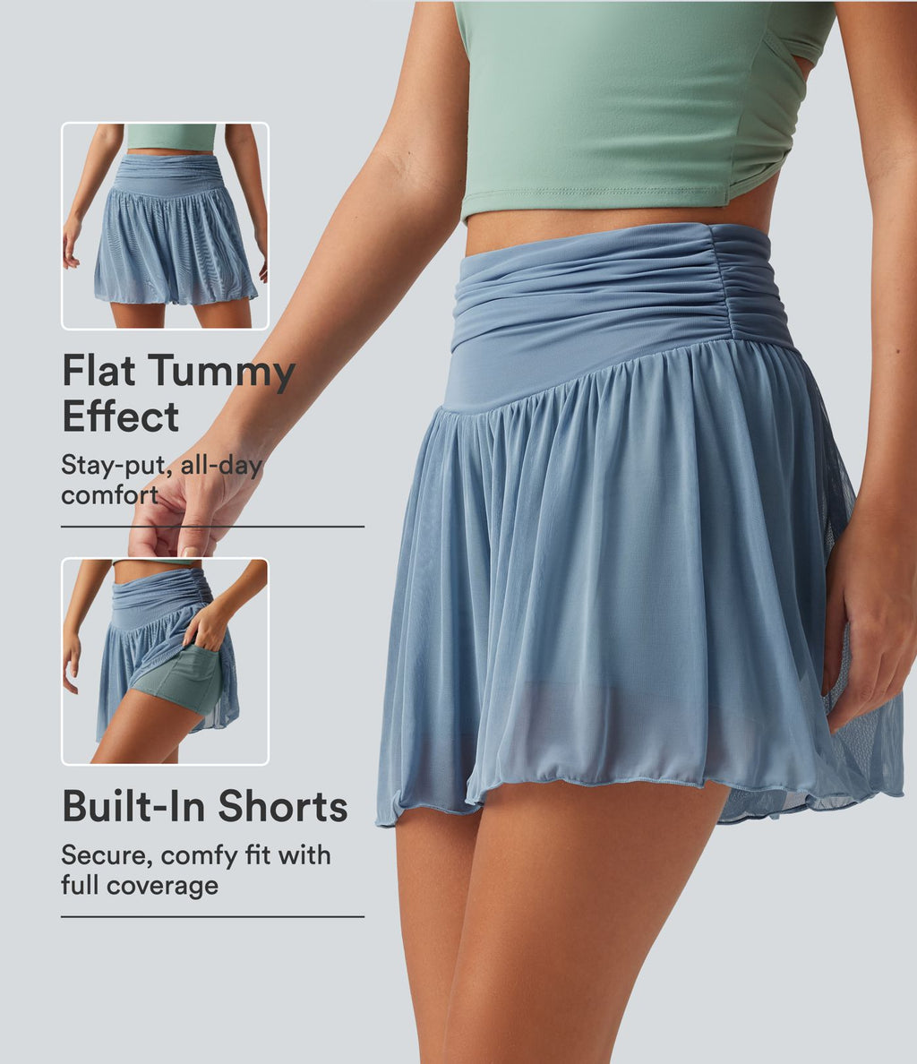 Short 2-en-1 taille haute gainant avec détails froncés, mesh contrasté avec poches, 7,5 cm