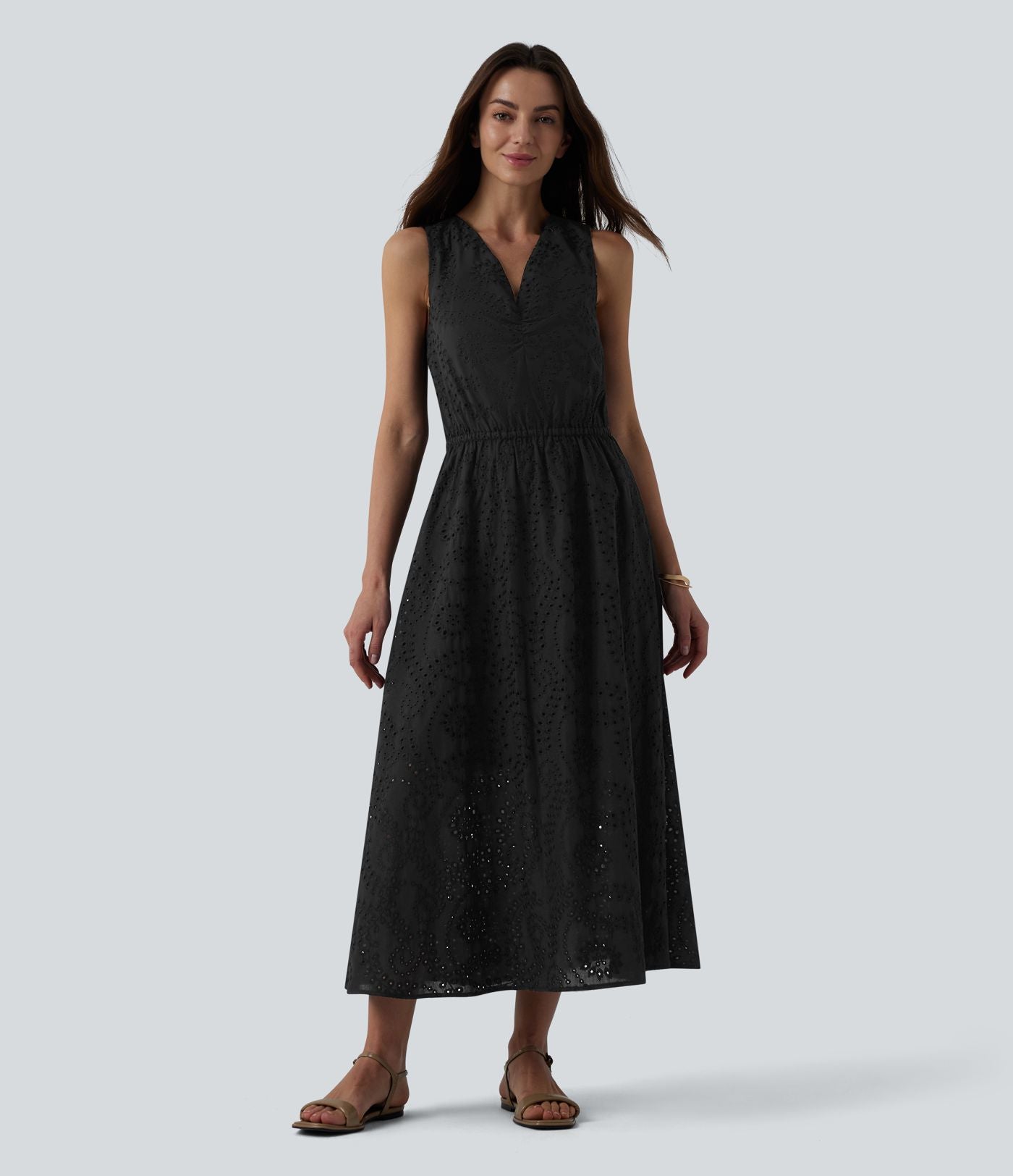 Robe mi-longue fluide col V sans manches avec nœud au dos