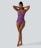 Maillot de bain une pièce col carré soutien-gorge intégré ventre plat cordon de serrage imprimé léopard