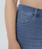 Jean décontracté Halara Flex™ grande taille, taille haute, multiples poches, jambes droites, effet délavé, en maille extensible