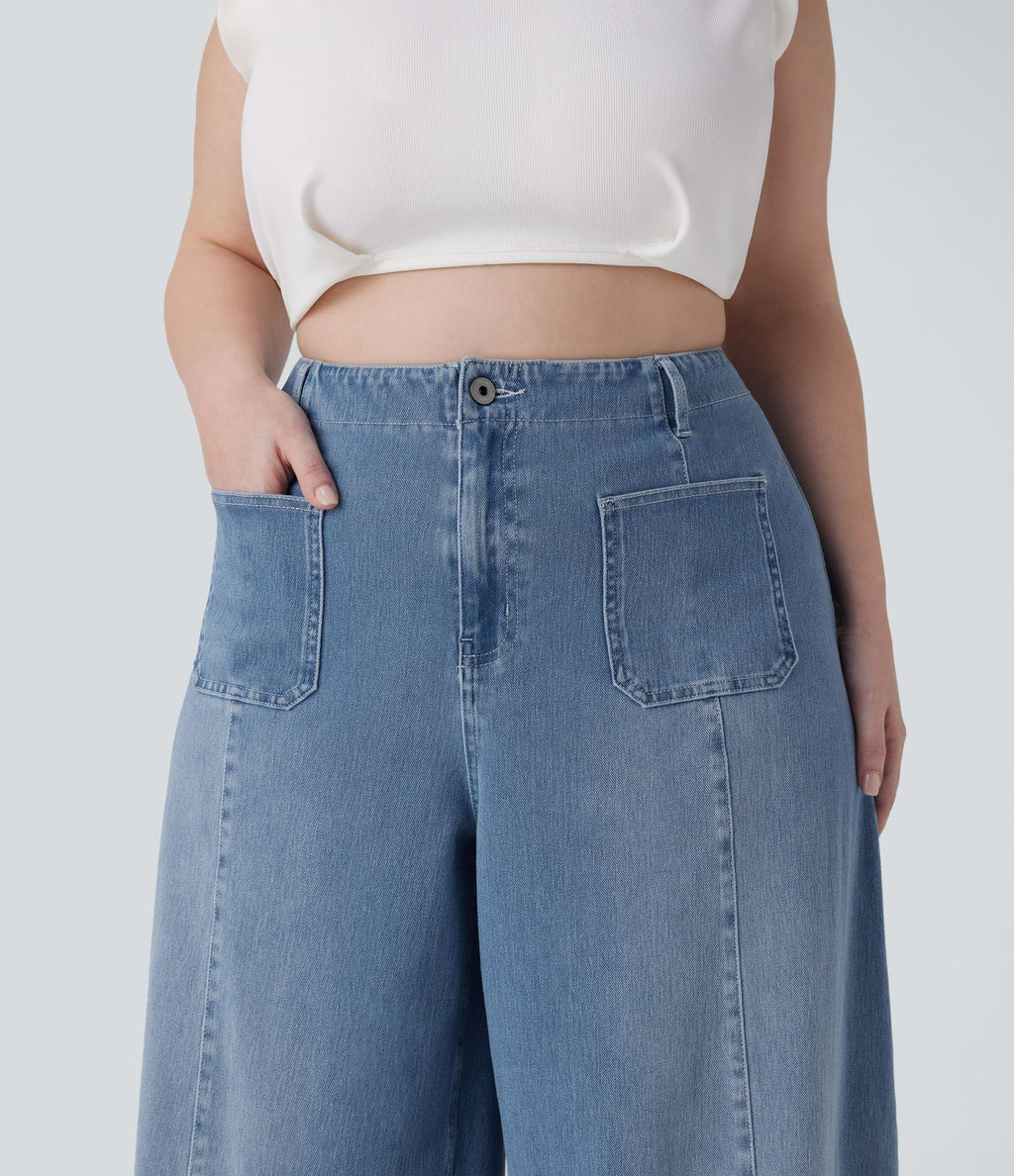 Jean décontracté Halara Flex™ grande taille large taille haute en maille extensible délavée avec poches avant