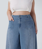 Jean décontracté Halara Flex™ grande taille large taille haute en maille extensible délavée avec poches avant