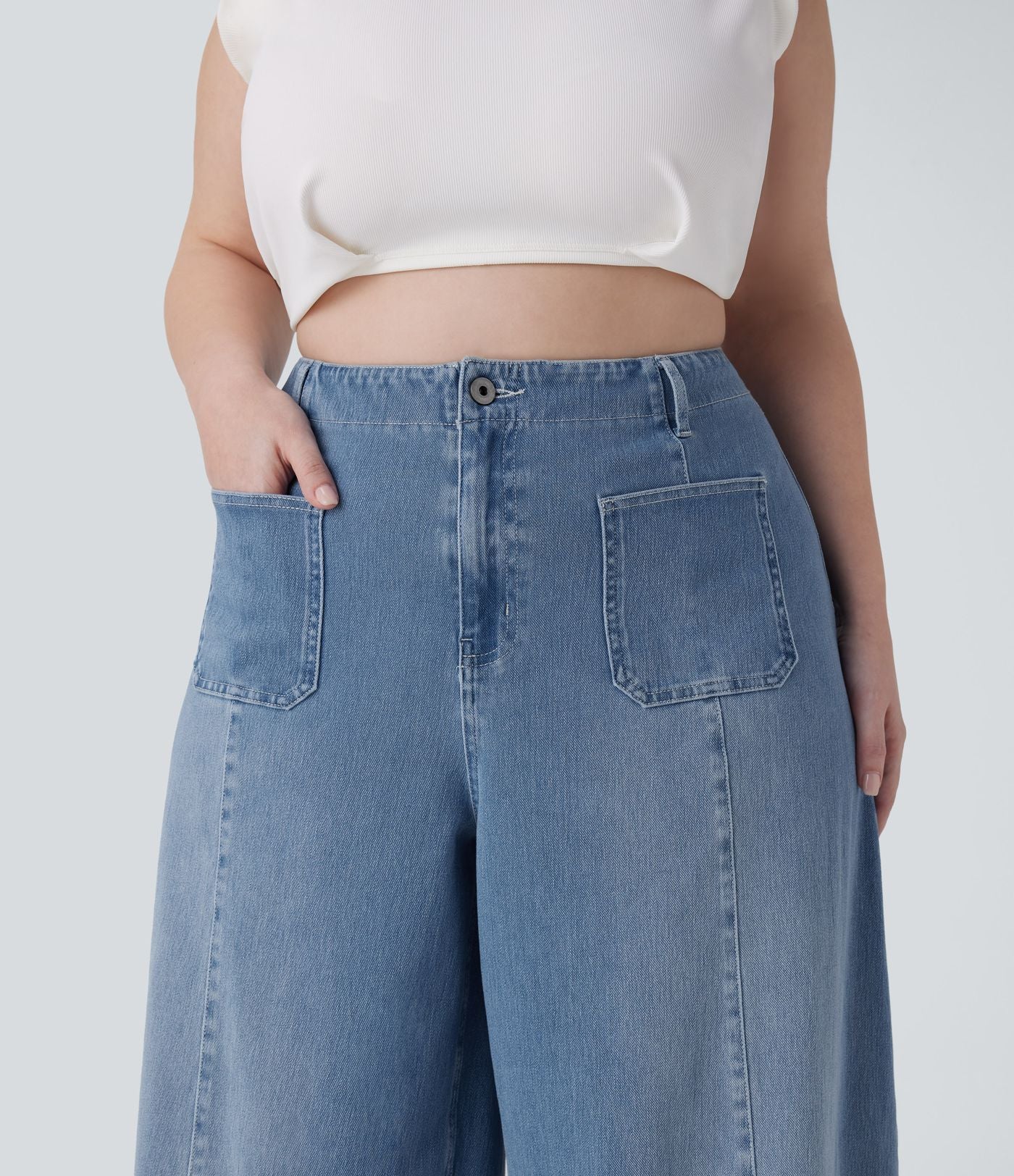 Jean décontracté Halara Flex™ grande taille large taille haute en maille extensible délavée avec poches avant
