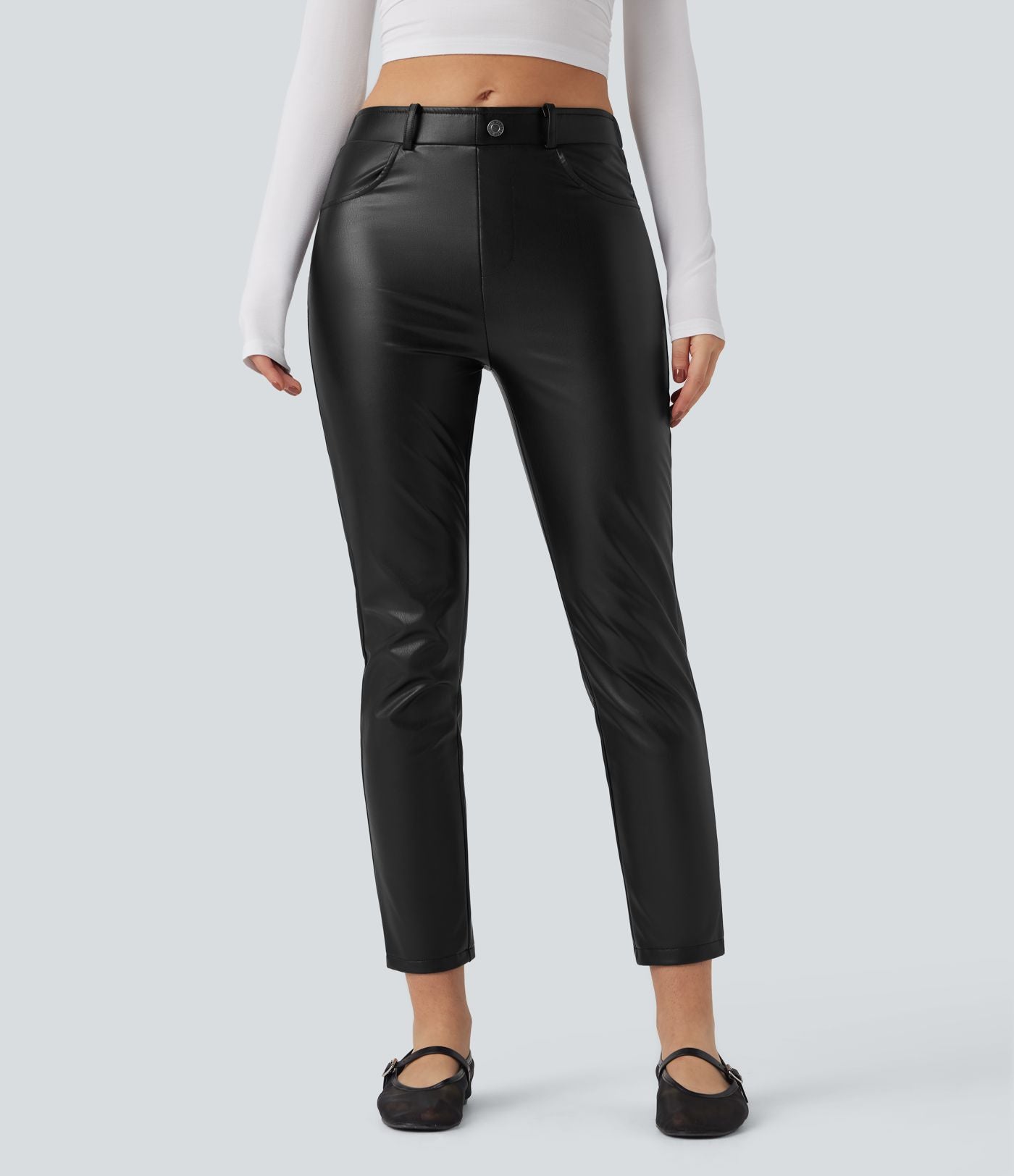 Pantalon simili cuir décontracté fuselé 7/8 taille mi-haute polaire extensible avec poches