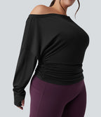 Haut de yoga grande taille asymétrique à manche longue, trou pour le pouce et fronces