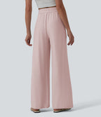 Pantalon casual large fluide mélange lin taille haute avec cordon de serrage et poches