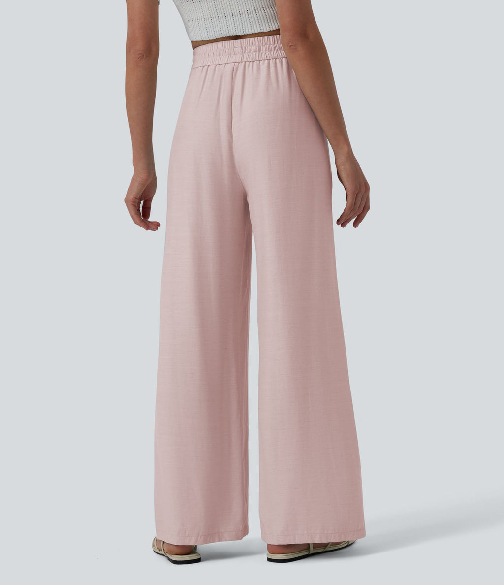 Pantalon casual large mélange lin taille haute avec cordon de serrage et poches