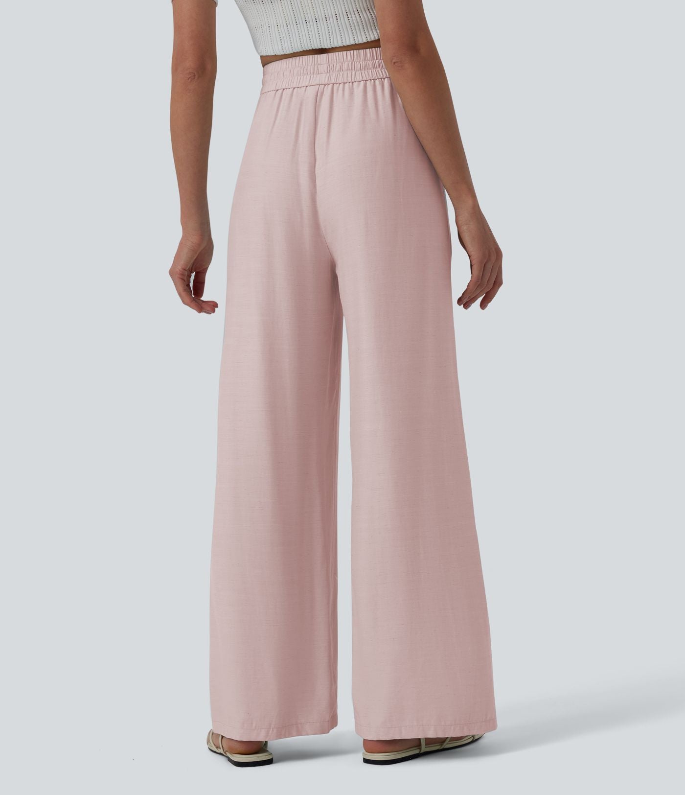 Pantalon casual large mélange lin taille haute avec cordon de serrage et poches