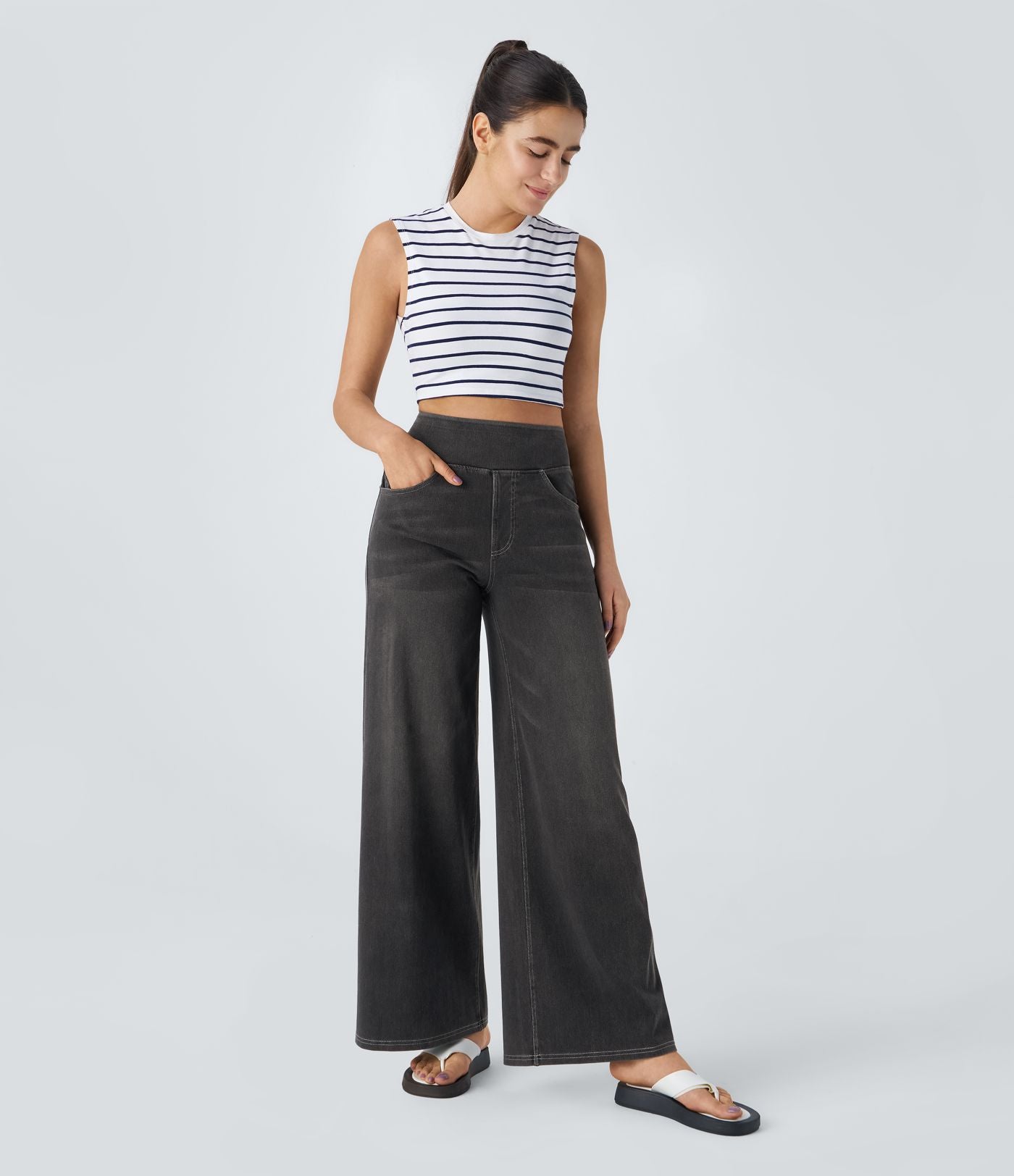 Halara Flex™ Jean Large Casual Taille Haute Poches Multiples Tricot Extensible Délavé