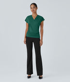 Blouse Travail Unie Froncée Croisée Manches Courtes Col en V