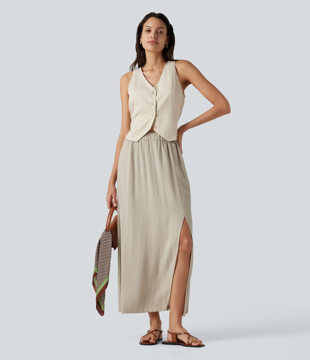 Jupe maxi effet lin taille haute avec fente à l’ourlet et poches