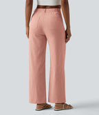 Pantalon taille haute coupe droite effet lin avec poches