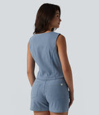 Gilet denim décontracté Halara Flex™ décolleté V profond boutonnage rayé