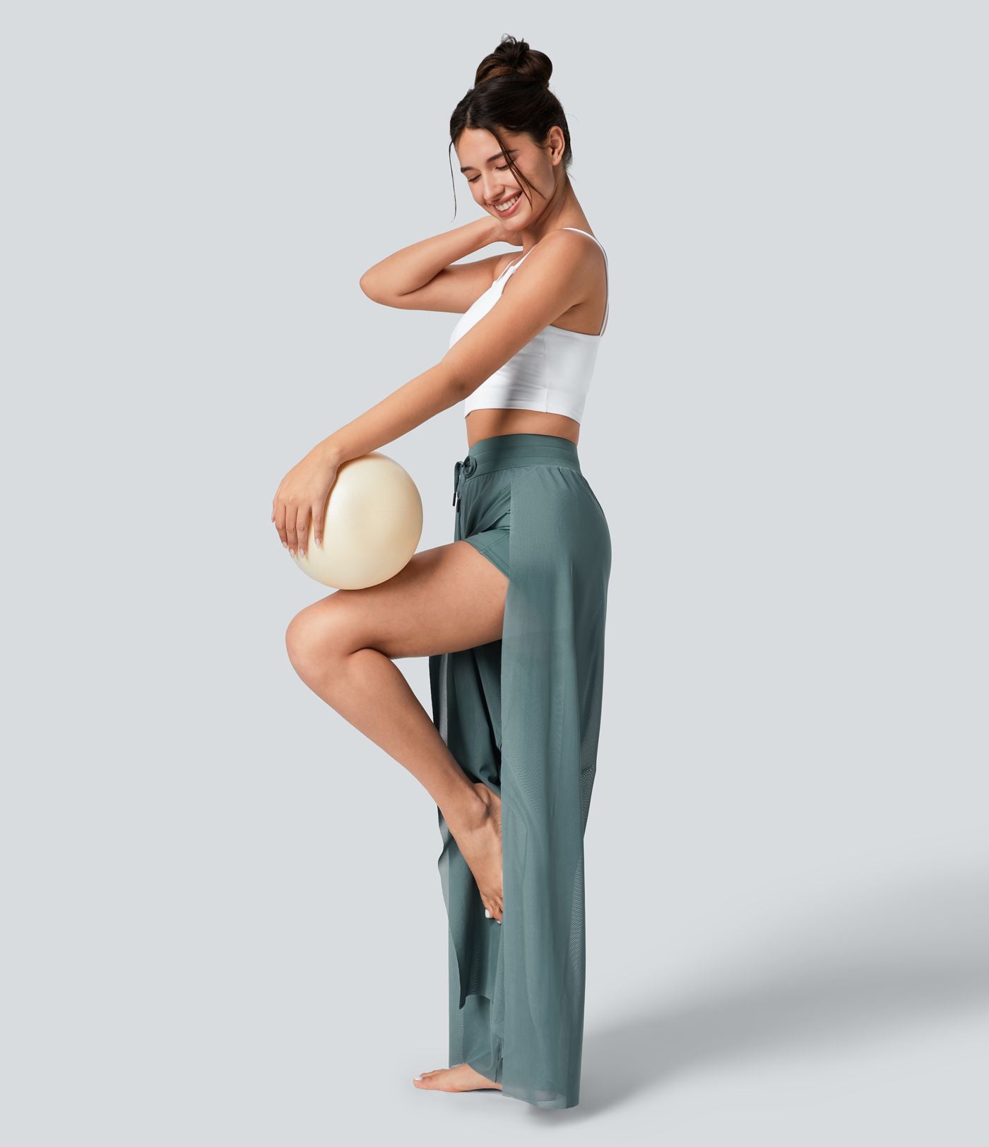 Pantalon Yoga 2 en 1 à Taille Haute avec Cordon de Serrage Maille Contrastée Fendu Poche Latérale et Jambes Amples et Fluides