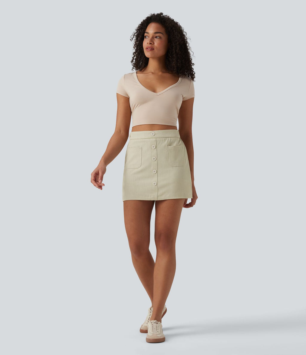 Jupe mini casual 2-en-1 moulante taille haute effet denim avec fermeture éclair invisible et poches