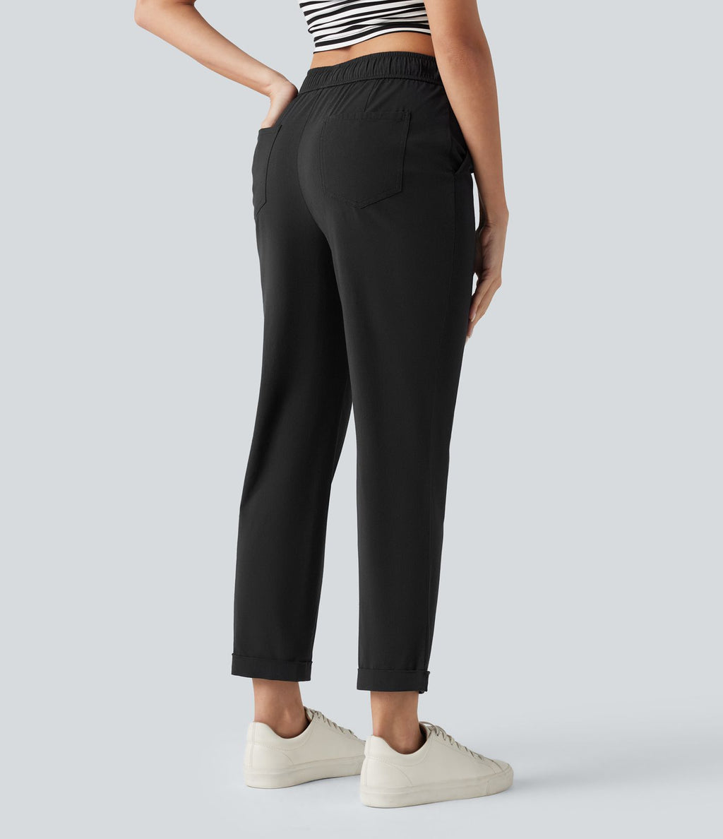 Pantalon ajusté décontracté taille mi-haute avec cordon de serrage, aspect lin extensible et poches
