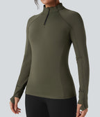 Top de sport randonnée polaire col montant demi-zip manches longues avec trous pouces