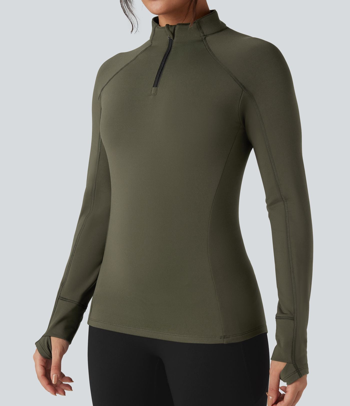 Top de sport randonnée polaire col montant demi-zip manches longues avec trous pouces