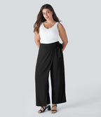 Pantalon Grande Taille à Jambe Large et Taille Haute avec Liens Latéraux et Fermeture Éclair Invisible