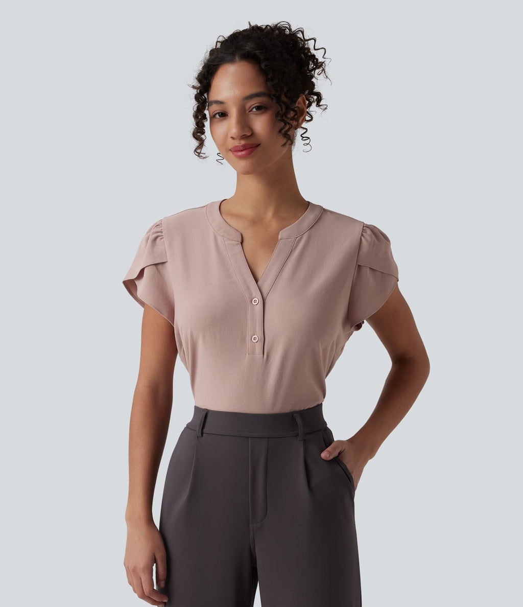 Blouse de travail col V manches pétales courtes