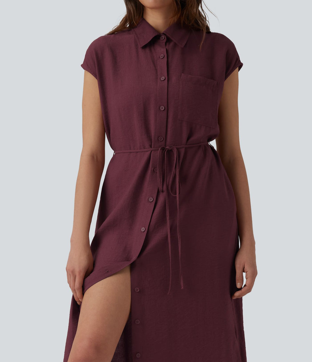 Robe chemise casual mi-longue col manches courtes ceinturée ourlet arrondi avec fente et poches