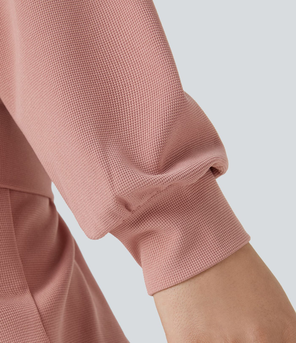 Sweatshirt Casual en Tissu Gaufré à Col en V et Manches Longues Épaules Tombantes
