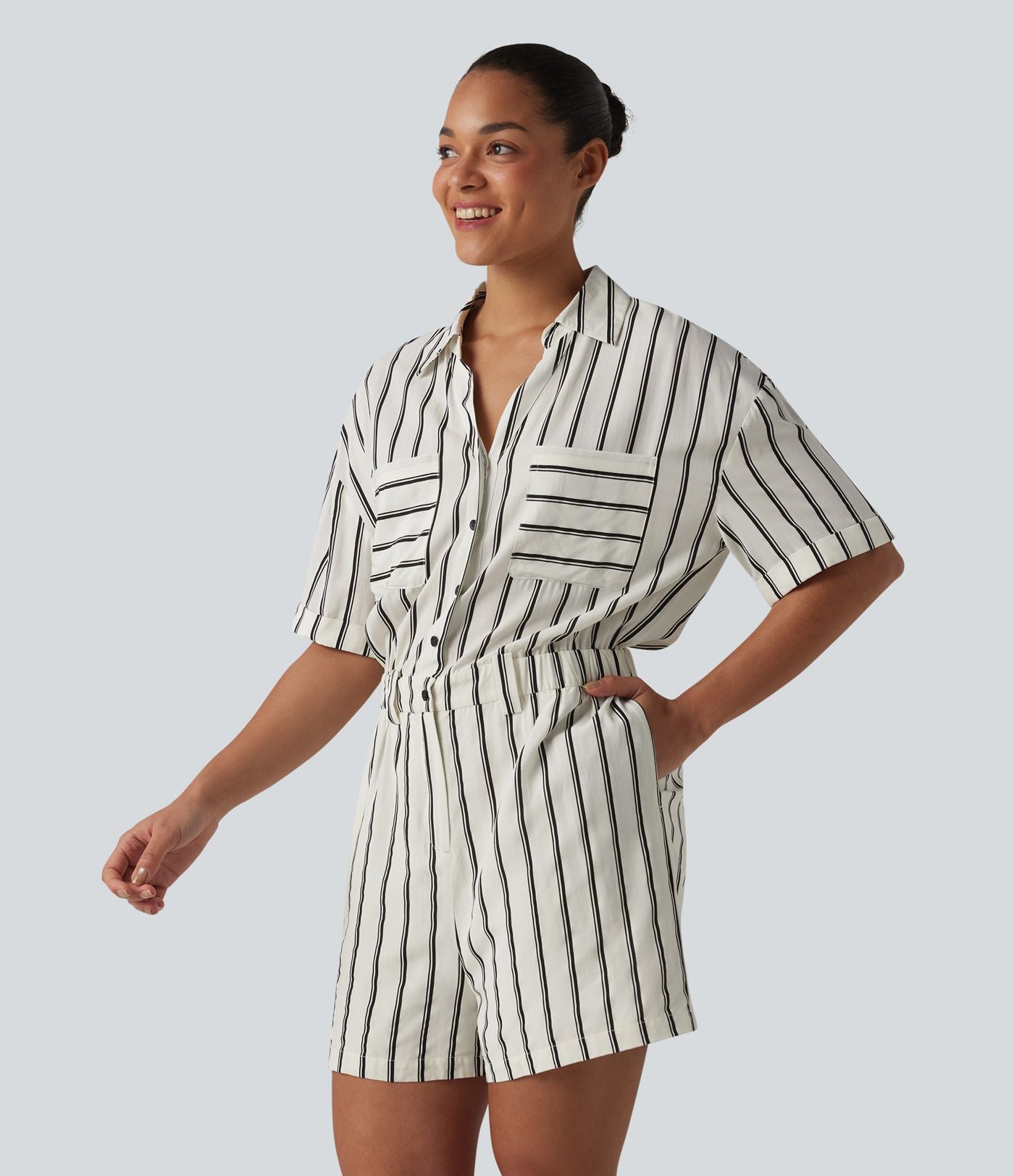 Combinaison-chemise décontractée rayée à manches courtes avec poches